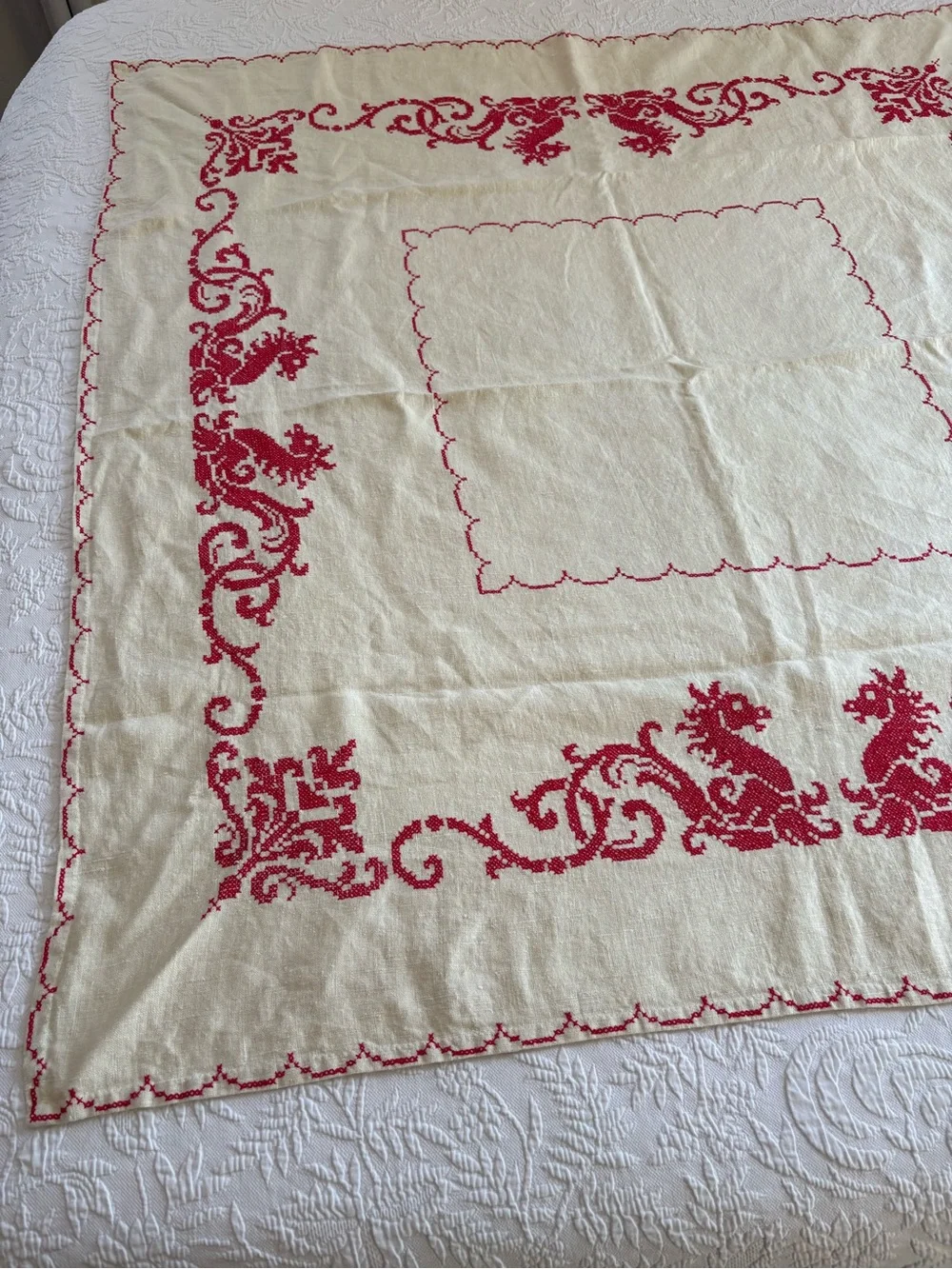 Vintage Red and Cream Embroidered Dining Tablecloth